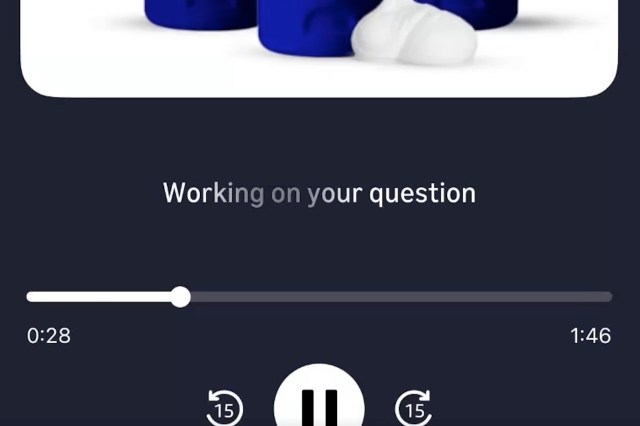 A podcast player with a scroll bar and buttons to play, rewind and fast forward under the sentence "Working on your question"