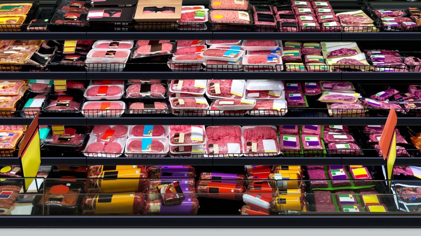 Meat steaks, ground meat, ham, and hot dogs in a supermarket open refrigerated shelf.