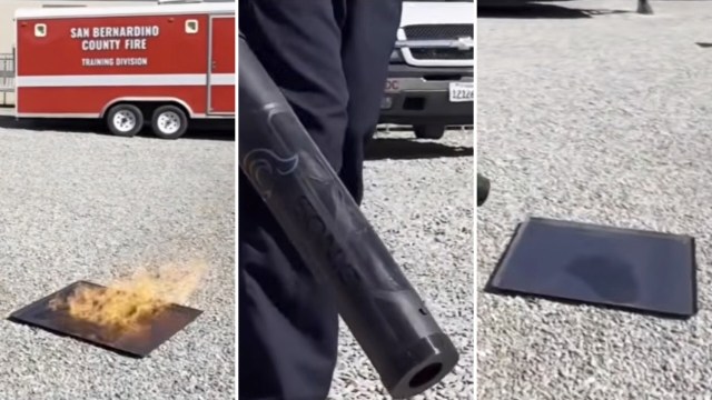 A fire training demonstration shows a firefighter using a device using sound waves to put out a controlled flame on a plate.