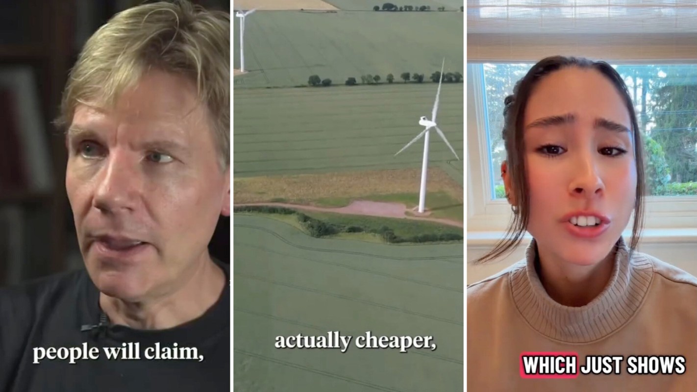 A split image of a man speaking, an aerial view of wind turbines in fields, and a woman expressing a statement.