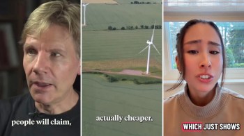 A split image of a man speaking, an aerial view of wind turbines in fields, and a woman expressing a statement.