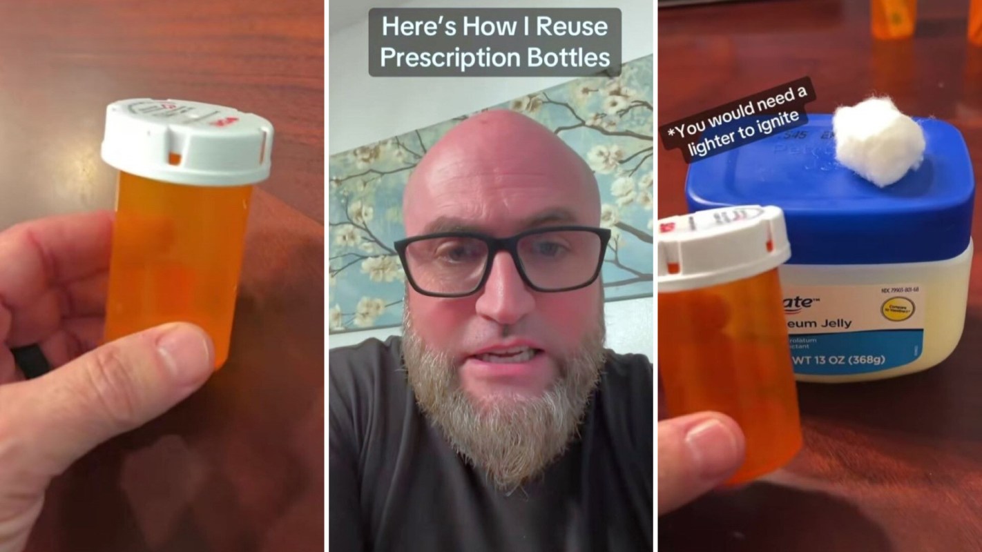 A person demonstrates repurposing old pill bottles next to a jar of petroleum jelly.
