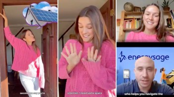 A woman in a pink sweater gestures playfully while discussing solar energy in a video call with an EnergySage adviser.