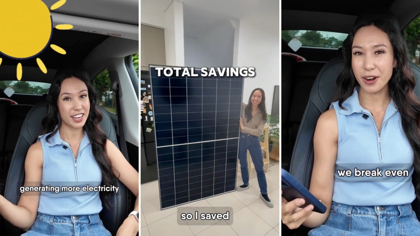 A collage of a woman discussing solar panel savings while in a car and next to a solar panel.