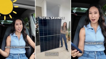 A collage of a woman discussing solar panel savings while in a car and next to a solar panel.