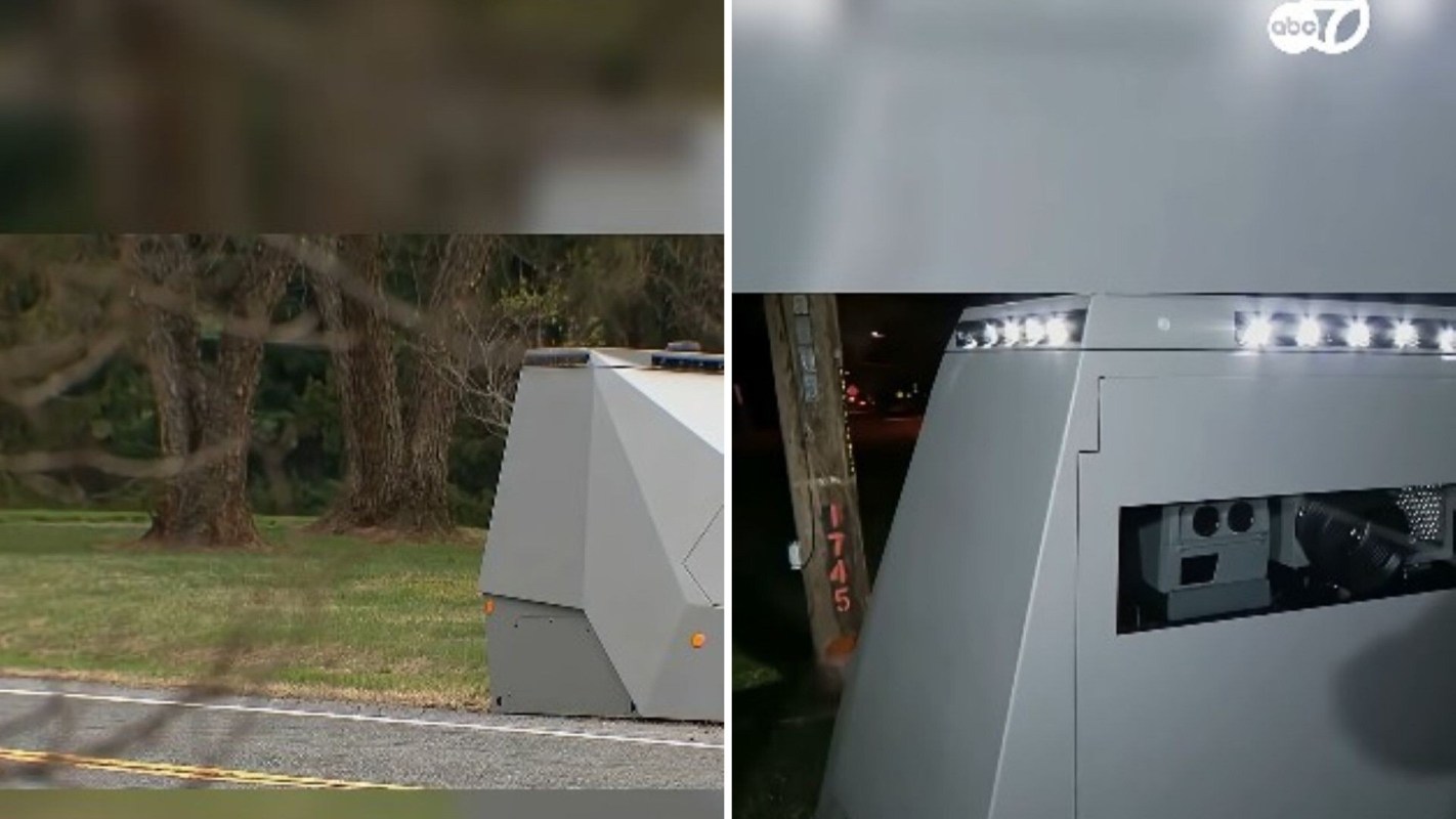 A Cybertruck-esque speed camera.