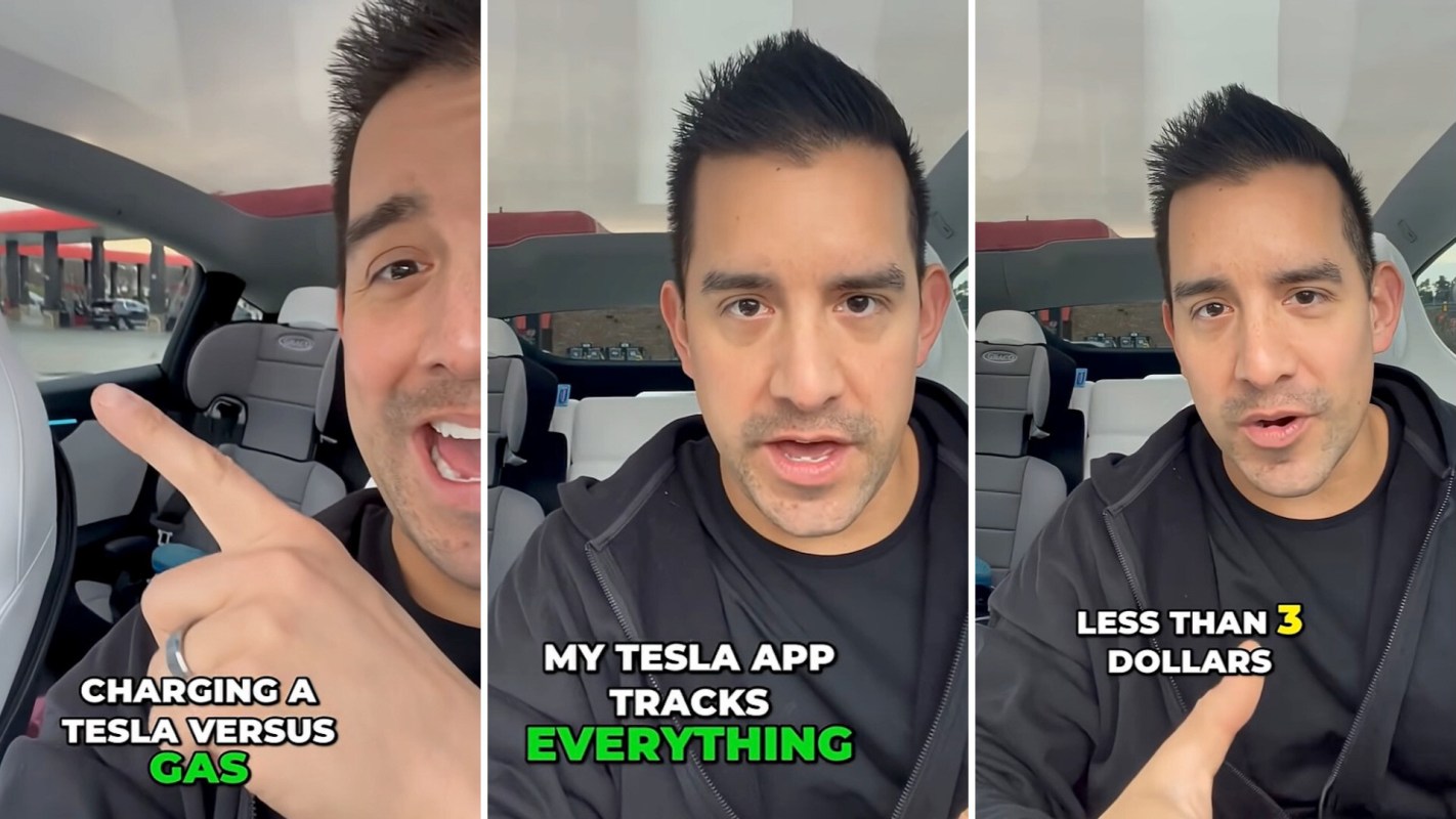 A person inside a Tesla discusses charging costs compared to gas, highlighting app features.