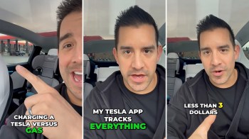 A person inside a Tesla discusses charging costs compared to gas, highlighting app features.