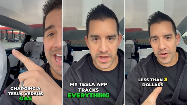 A person inside a Tesla discusses charging costs compared to gas, highlighting app features.