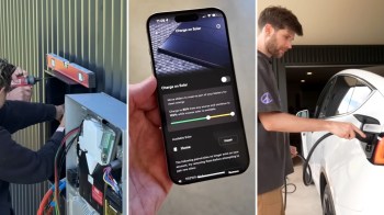 A person installs solar equipment, checks a smartphone app for settings, and plugs in a white electric vehicle to charge.