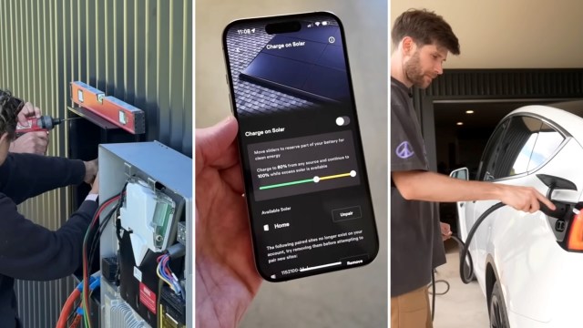 A person installs solar equipment, checks a smartphone app for settings, and plugs in a white electric vehicle to charge.