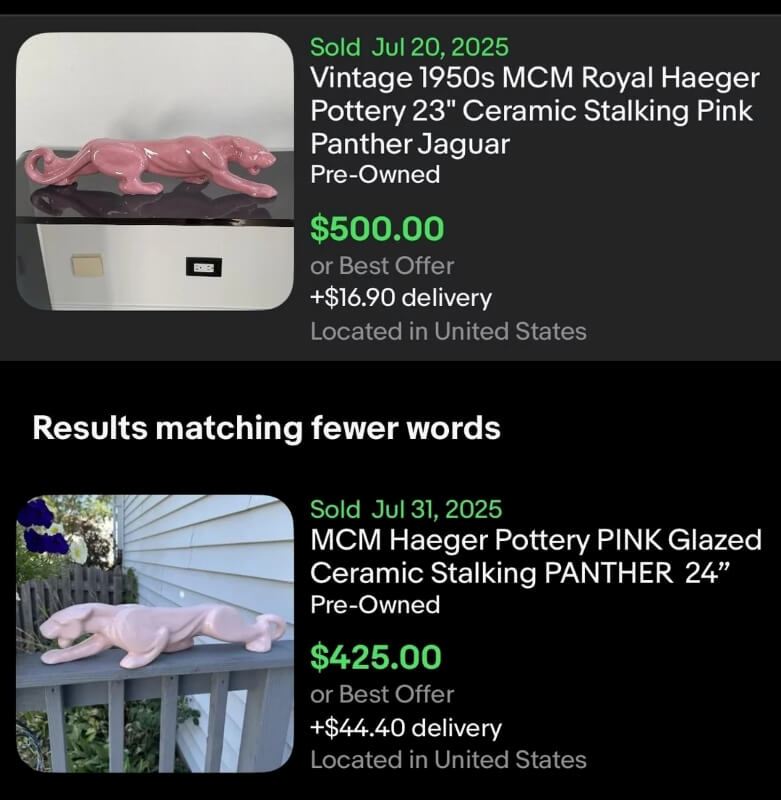 A screenshot of an internet search showing vintage panther statues selling for hundreds of dollars. 