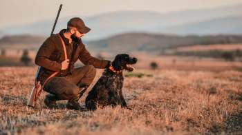 A hunter kneels beside his dog in a sunlit field, holding a rifle.