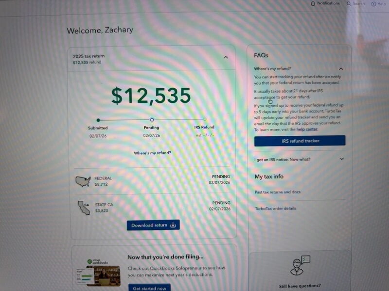 A TurboTax screenshot showing a pending tax refund of $12,535.