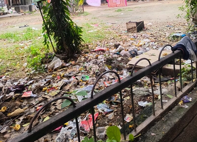 Piles of litter on the ground at a park in Delhi.
