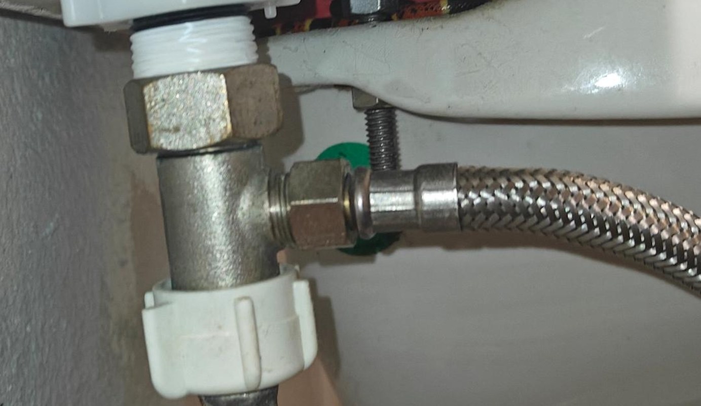 A close-up of a red-and-black snake among a metal plumbing valve and a flexible water supply line connected to a fixture.