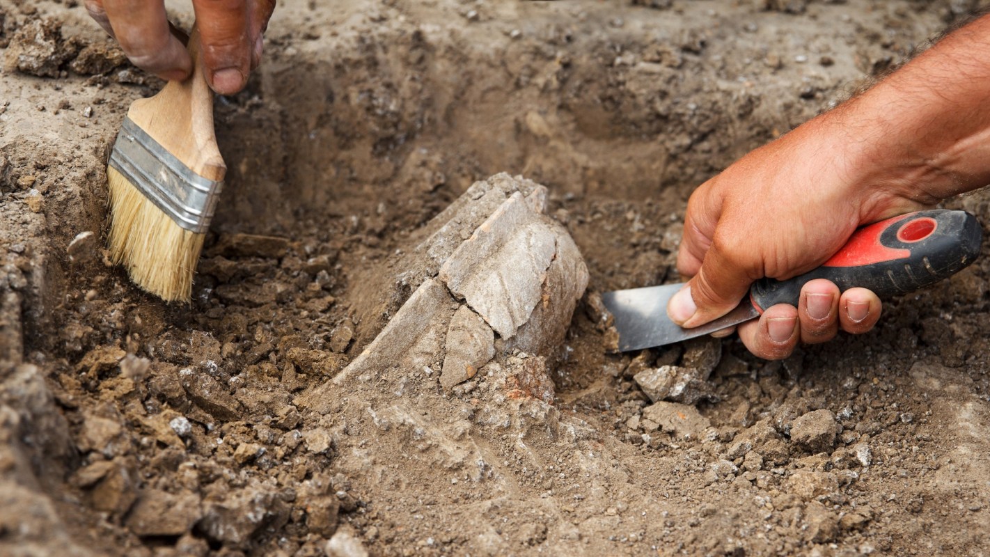 Hands using a brush and tool to excavate a fossil fragment from dirt.