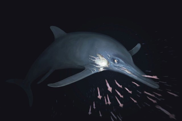 A large, artistic depiction of a prehistoric dolphin hunting among small fish in dark waters.