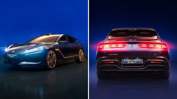 A Denza Z9 GT car showcased from the front and rear against a vibrant blue background.
