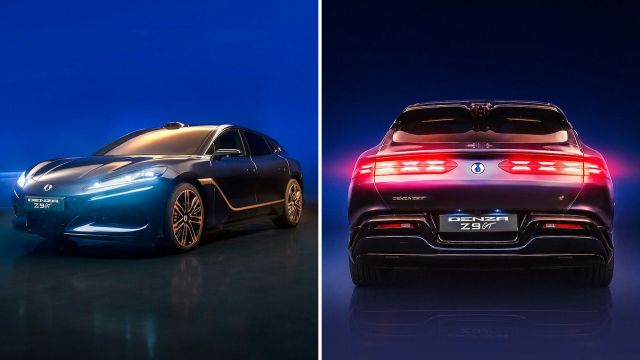 A Denza Z9 GT car showcased from the front and rear against a vibrant blue background.