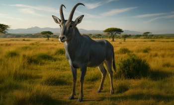 An artist's conception of an extinct bluebuck standing in a grassy savanna with distant mountains and trees in the background.