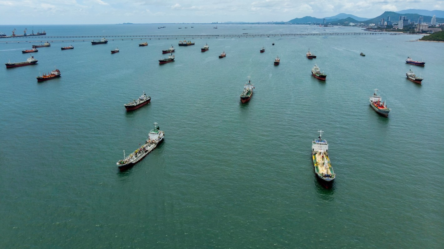 Aerial view of oil tankers anchored in the Strait of Hormuz.