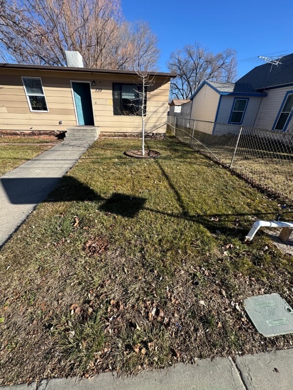 A monoculture grass lawn with dry, brown patches.