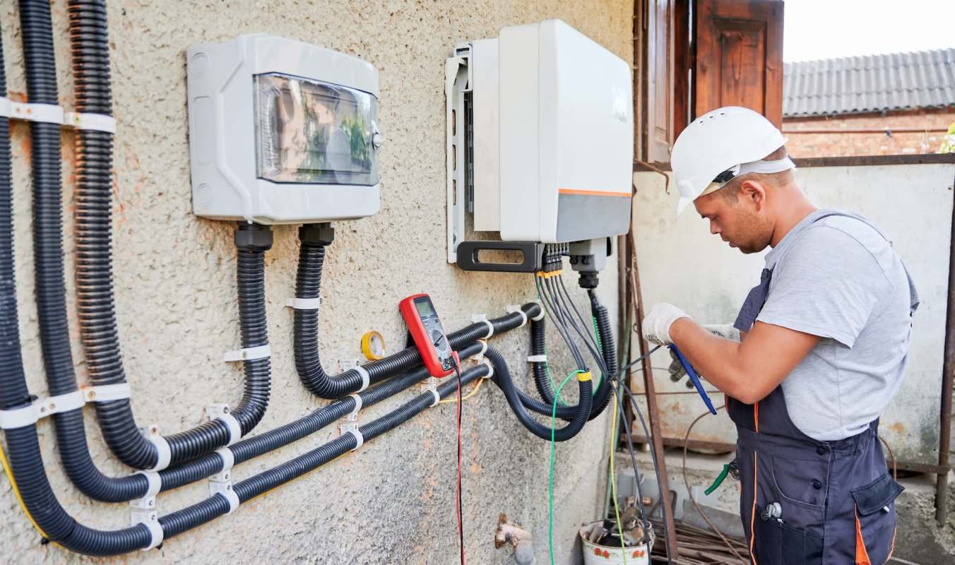 An electrician in a hard hat works on wiring outside.