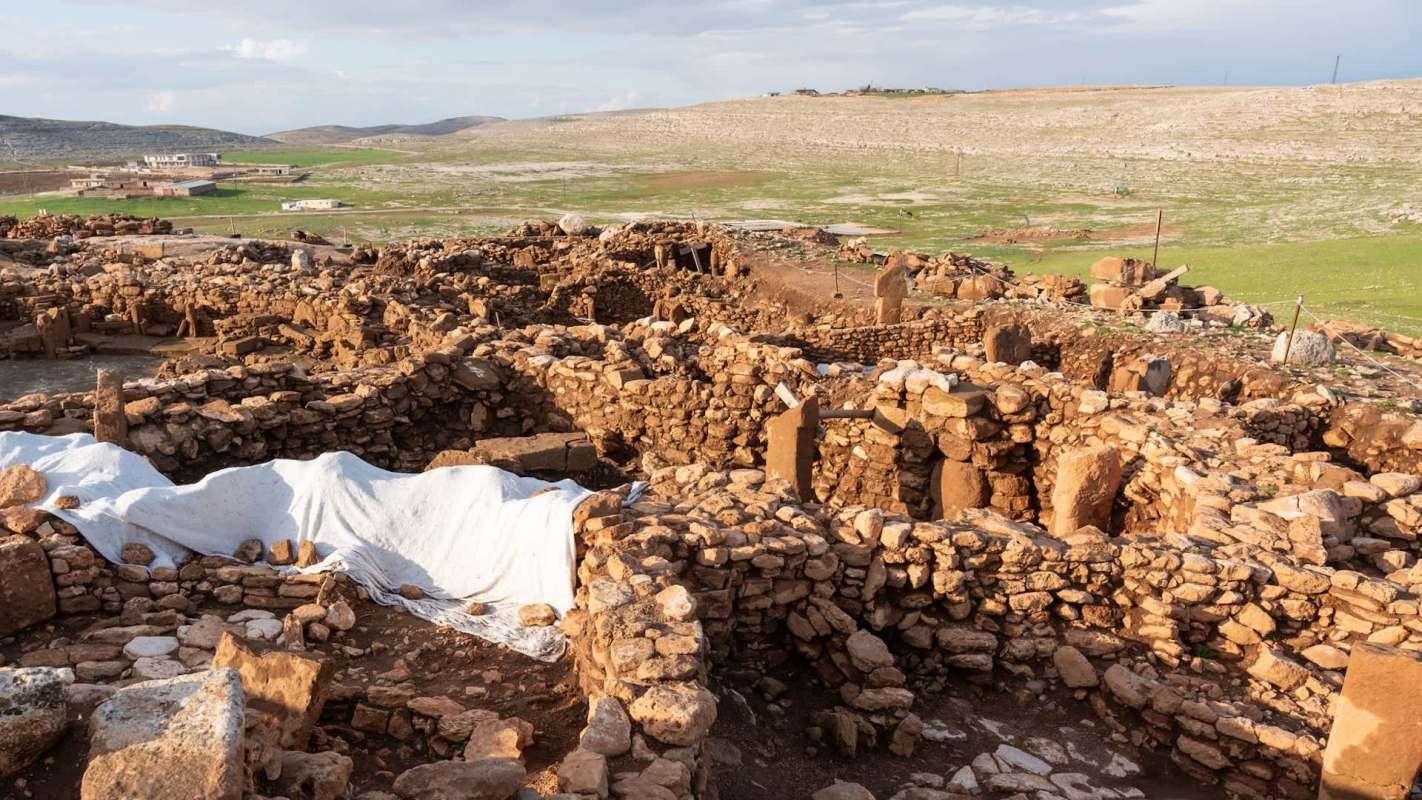 An archaeological site with ancient stone structures and a white cloth covering some areas, set in a grassy landscape.