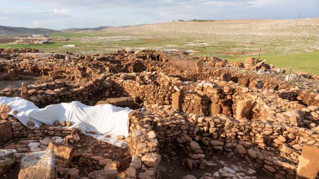 An archaeological site with ancient stone structures and a white cloth covering some areas, set in a grassy landscape.