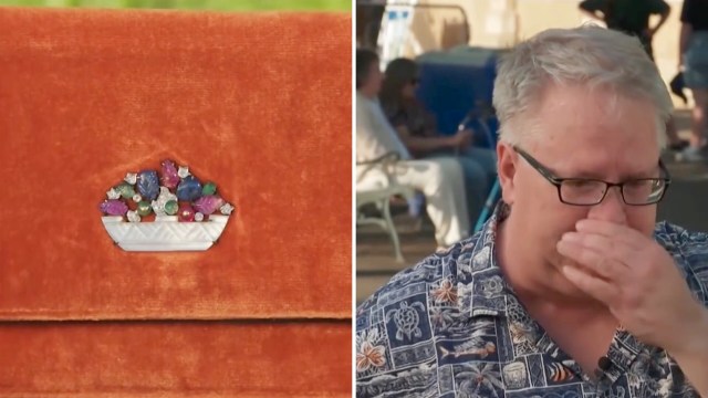 An orange velvet clutch with a floral design and a man in a patterned shirt appearing emotional.