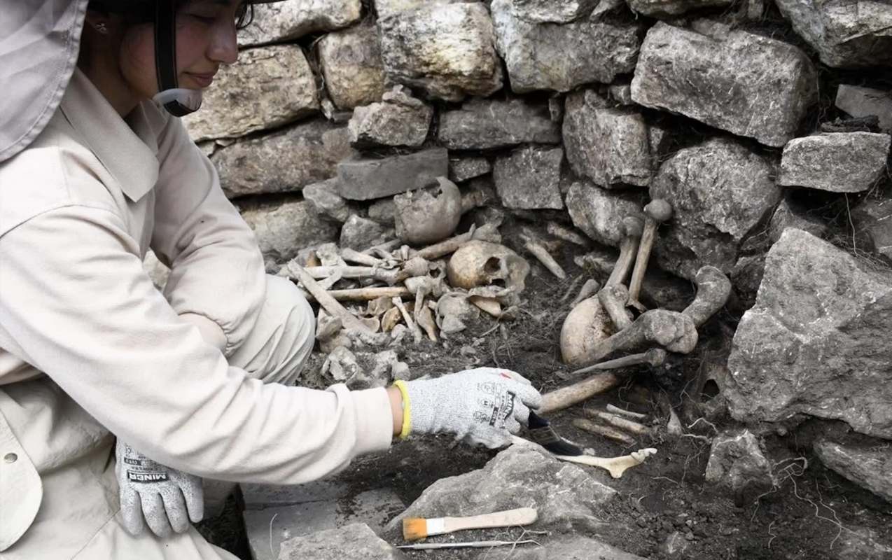 An archaeologist carefully excavates human bones from a stone structure at a dig site.