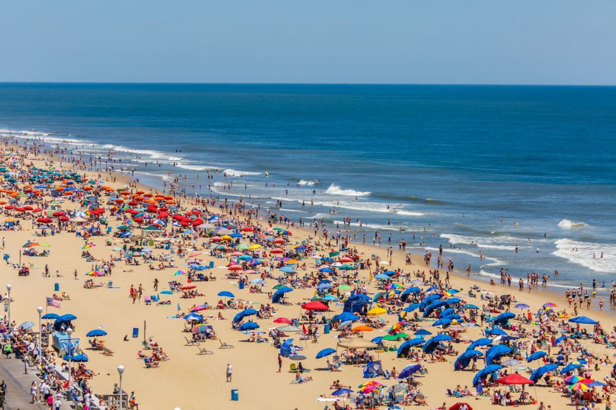 A crowded beach filled with colorful umbrellas, beachgoers, and waves under a clear blue sky.