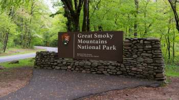 A wooden sign for Great Smoky Mountains National Park stands at the entrance, surrounded by lush green trees.