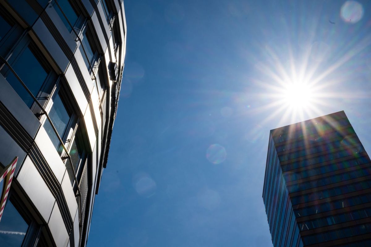 Sun and skyscrapers in Europe.