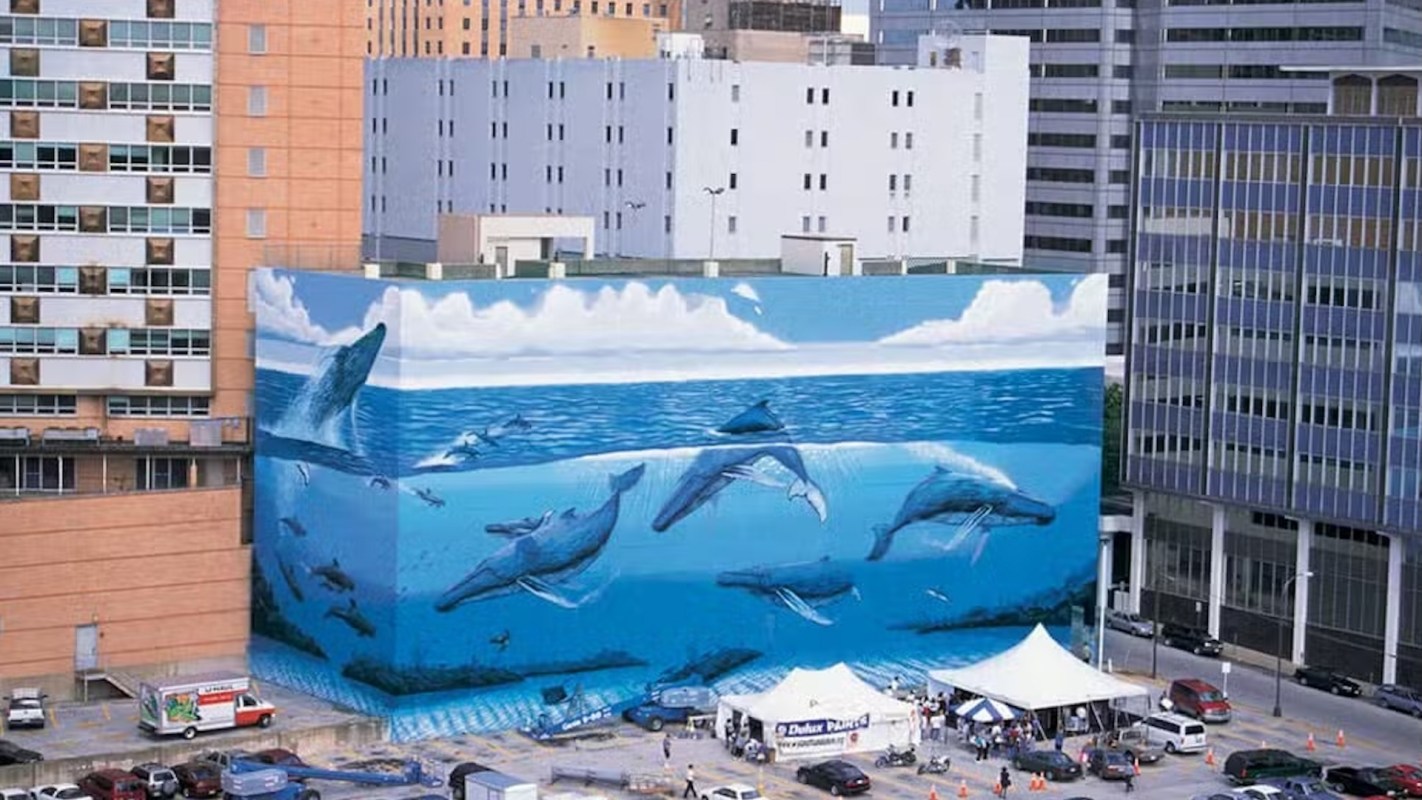 A large mural of whales swimming in a vibrant underwater scene on a building wall in an urban environment.