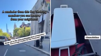 A city street view with buildings and a reminder about borrowing a cooler from neighbors displayed on the screen.