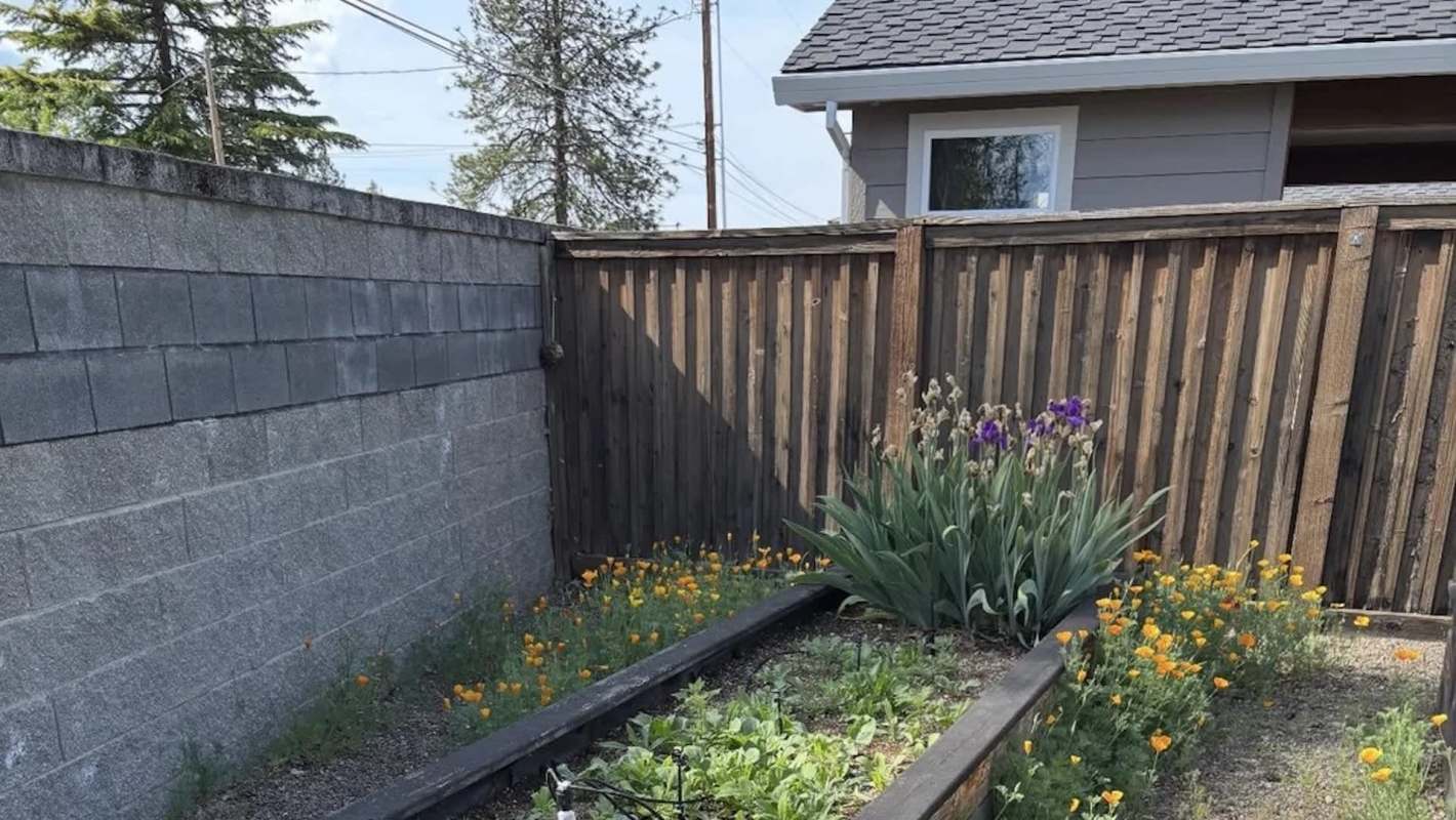 A small garden with flowers, including orange poppies and irises, bordered by a wooden fence and a gray wall.