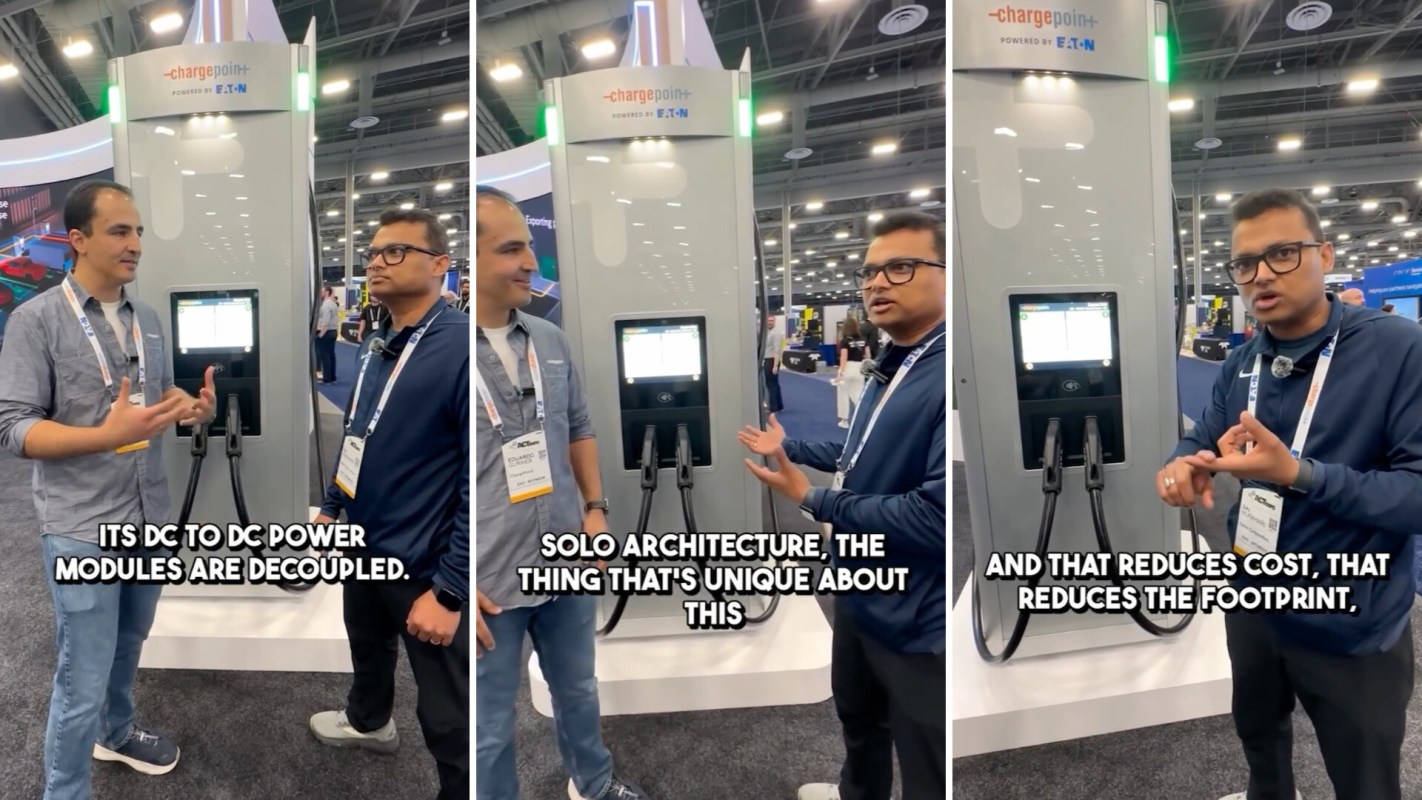 Two men discuss a ChargePoint DC fast charger at a technology event, showcasing its features and benefits.