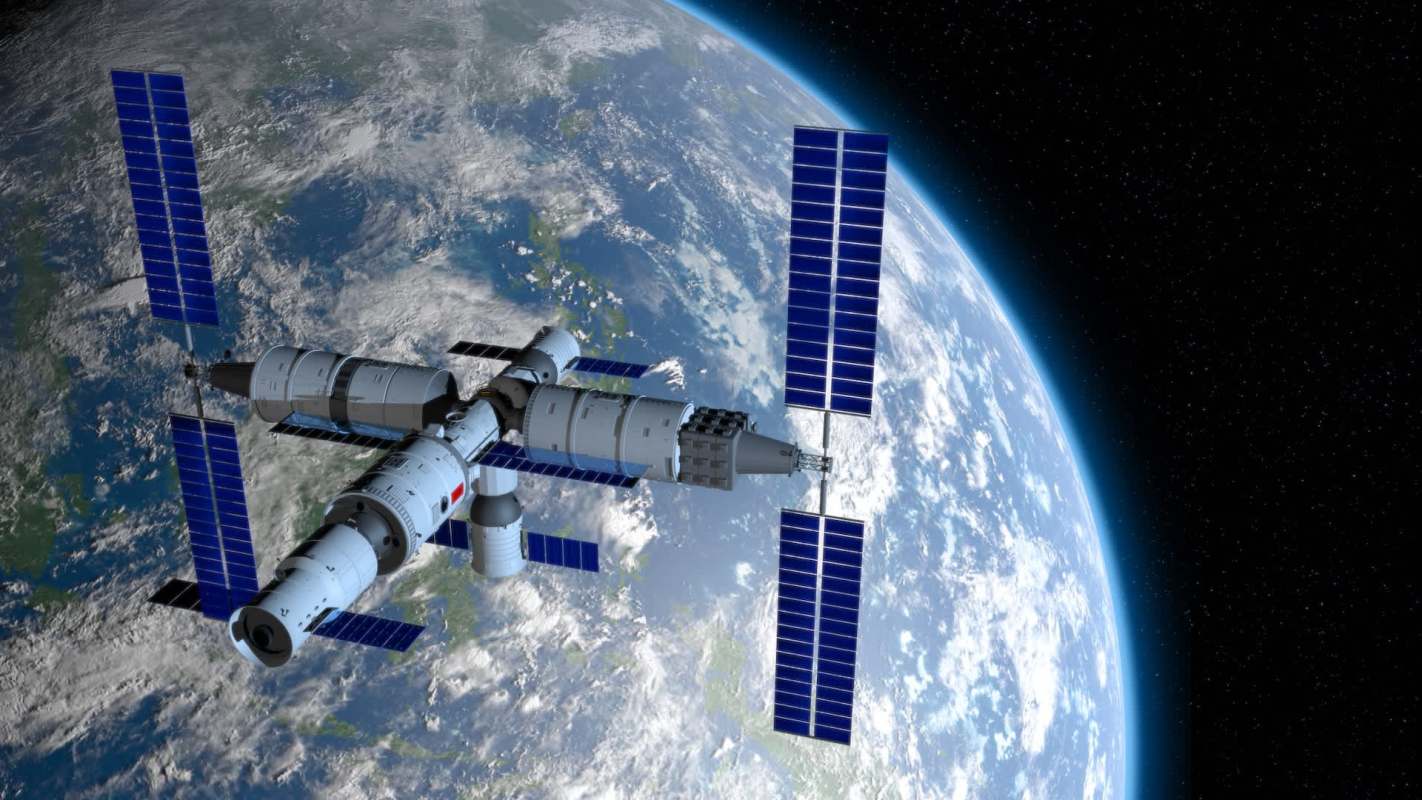 A space station orbits Earth.