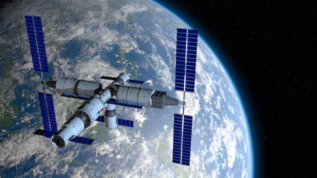 A space station orbits Earth.