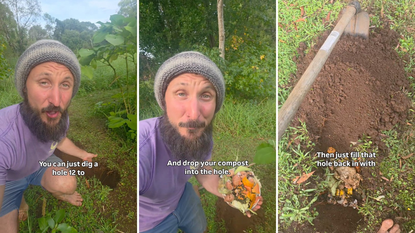 A man demonstrates composting by digging a hole, adding food scraps, and covering it back up in a lush green area.
