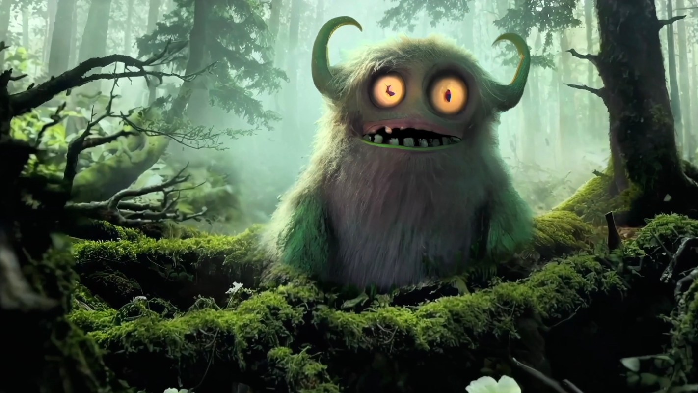 A whimsical monster with bright eyes and a furry body sits among moss and trees in a misty forest.