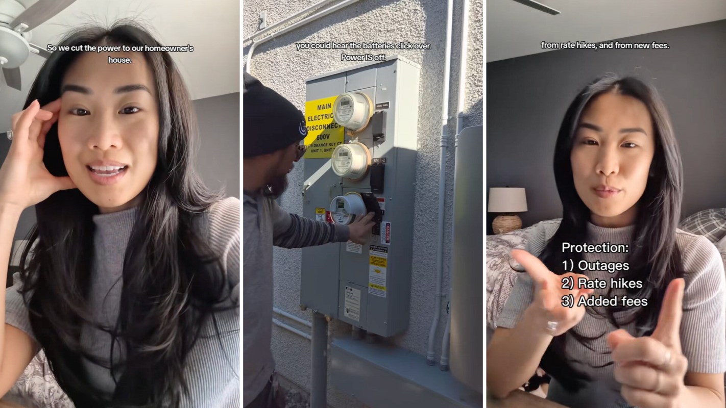 A series of images showing a woman discussing power cutting while a man operates an electric meter outside.