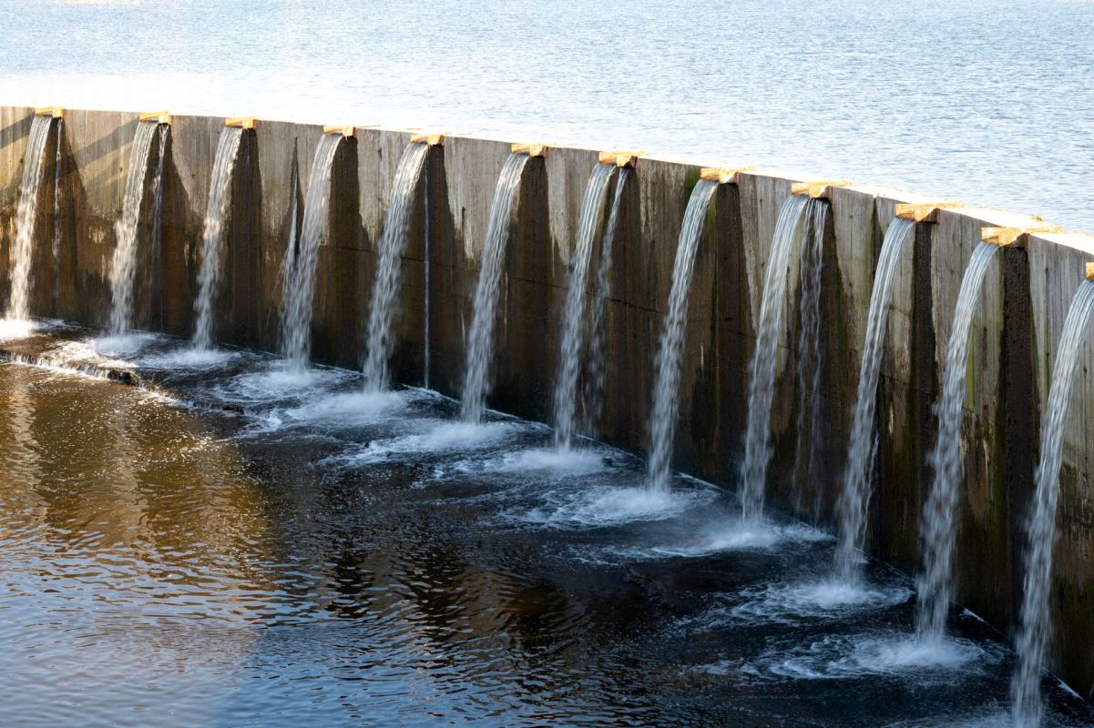 A concrete dam with multiple water spouts flowing into a calm body of water.