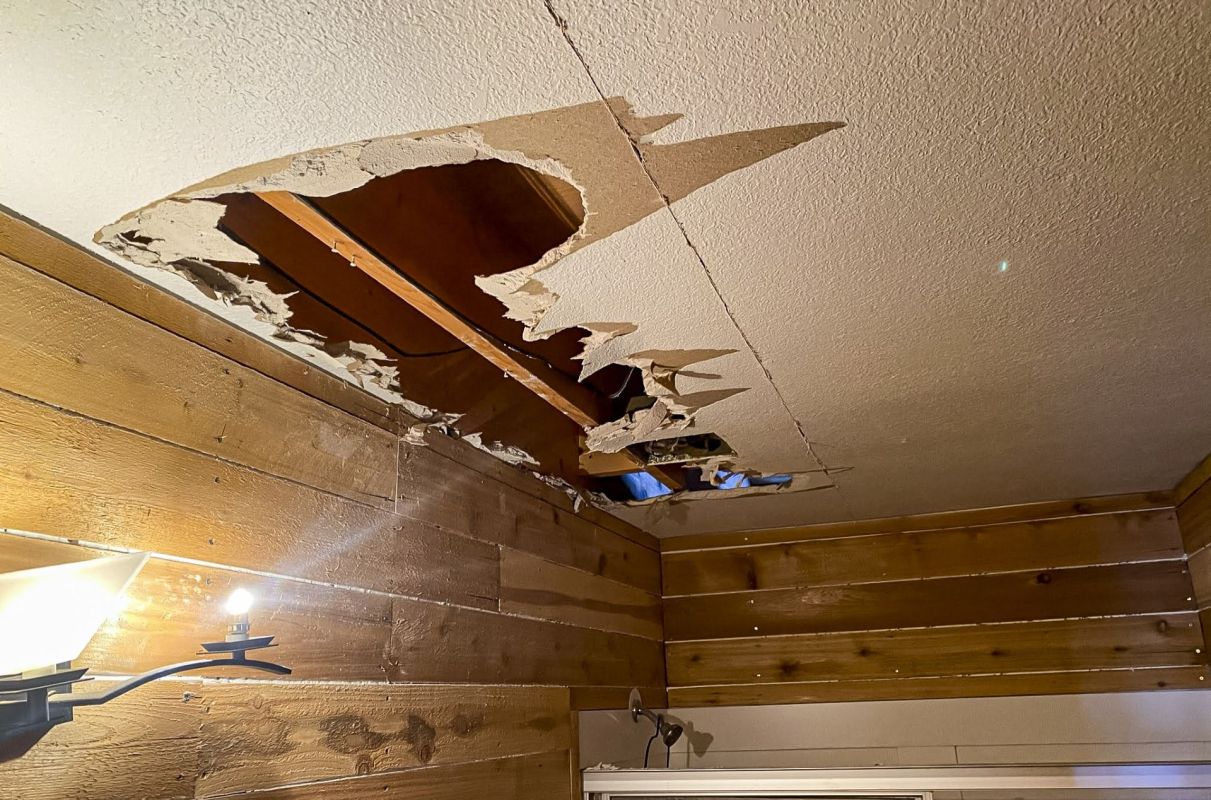 Ceiling damage from a water leak.