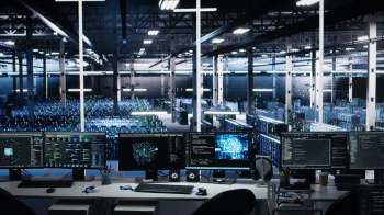 A high-tech workspace with multiple monitors displaying data analytics and a large server room in the background.