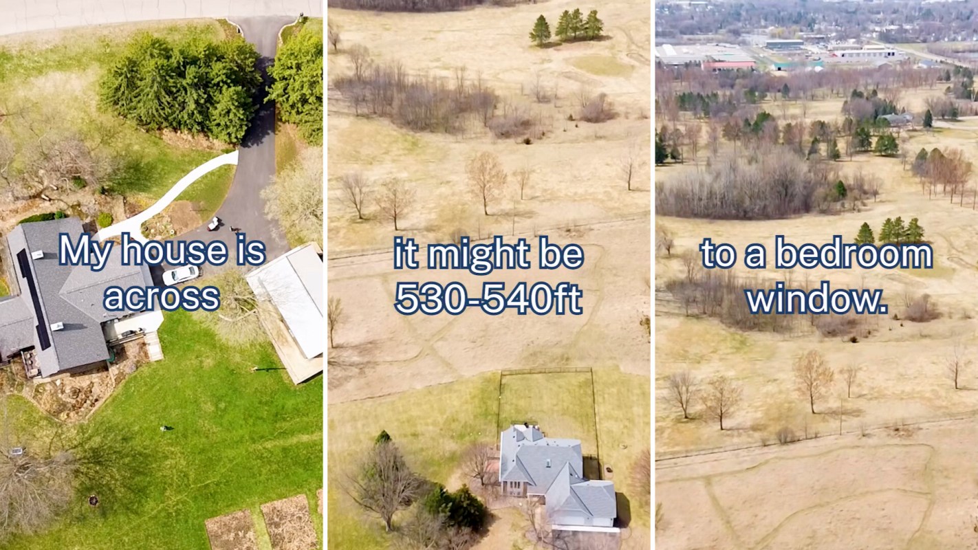 Aerial view of a house with surrounding fields and text indicating distances to various locations.