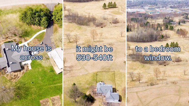 Aerial view of a house with surrounding fields and text indicating distances to various locations.