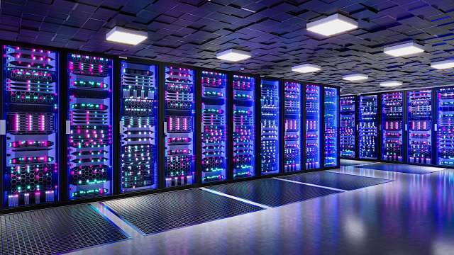 A data center featuring rows of server racks with blue, purple, and green lights.